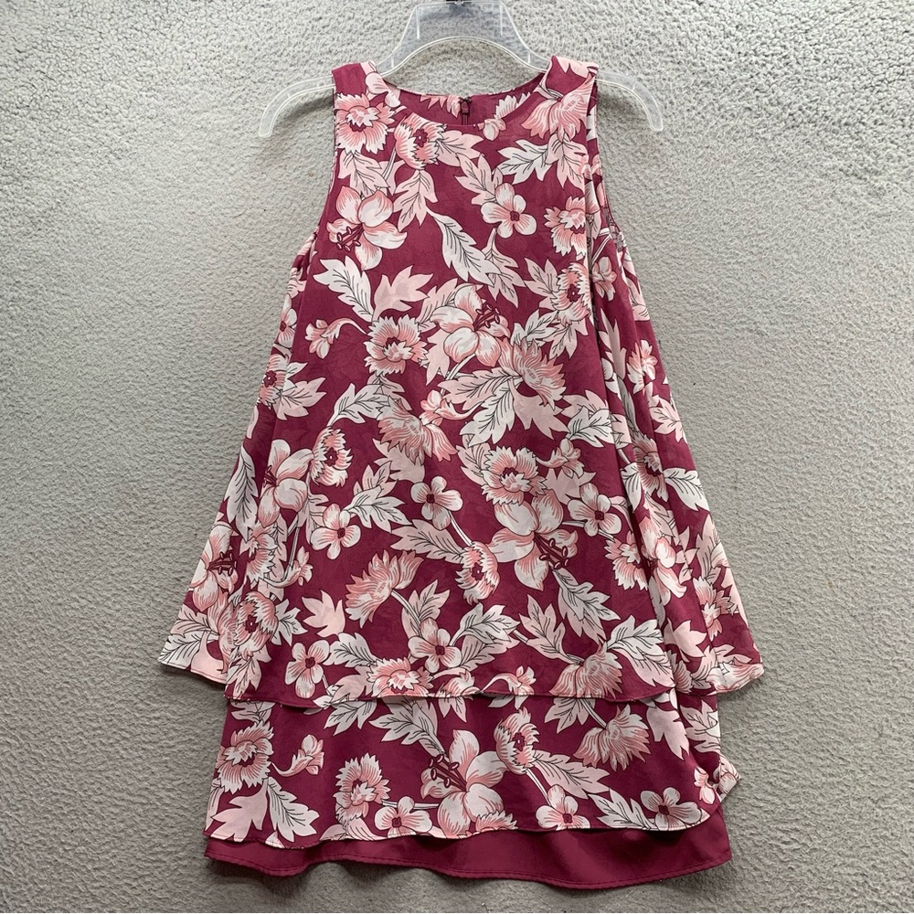 LOFT Outlet Size XS Burgundy Floral Dress Tiered Asymmetric Layered Sleeveless